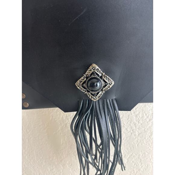 Black Leather Fringe Envelope Style Slim Shoulder Bag Boho Western Vibes - Picture 10 of 13